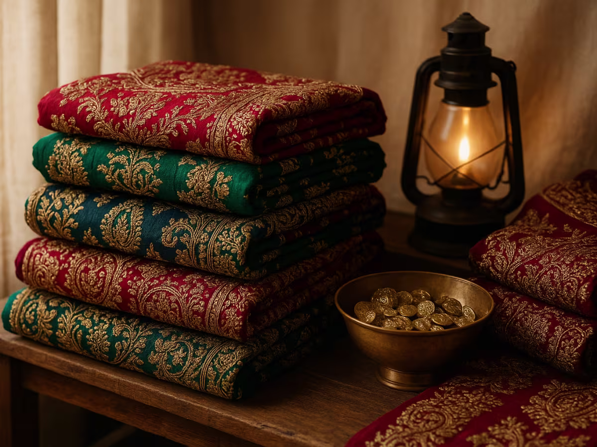 Stacks of embroidered wedding fabrics in jewel tones on bazaar shelves