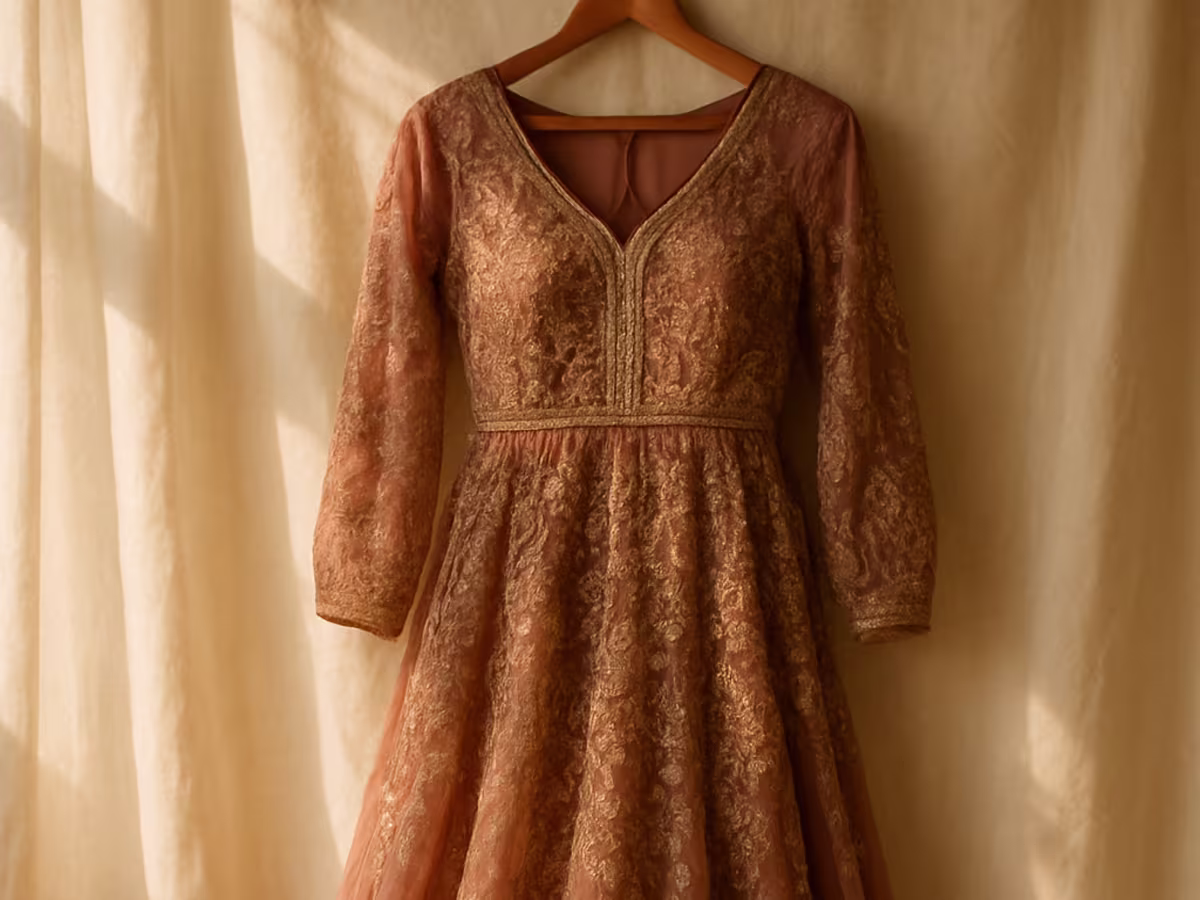 Dusty-rose embroidered maxi dress on a hanger