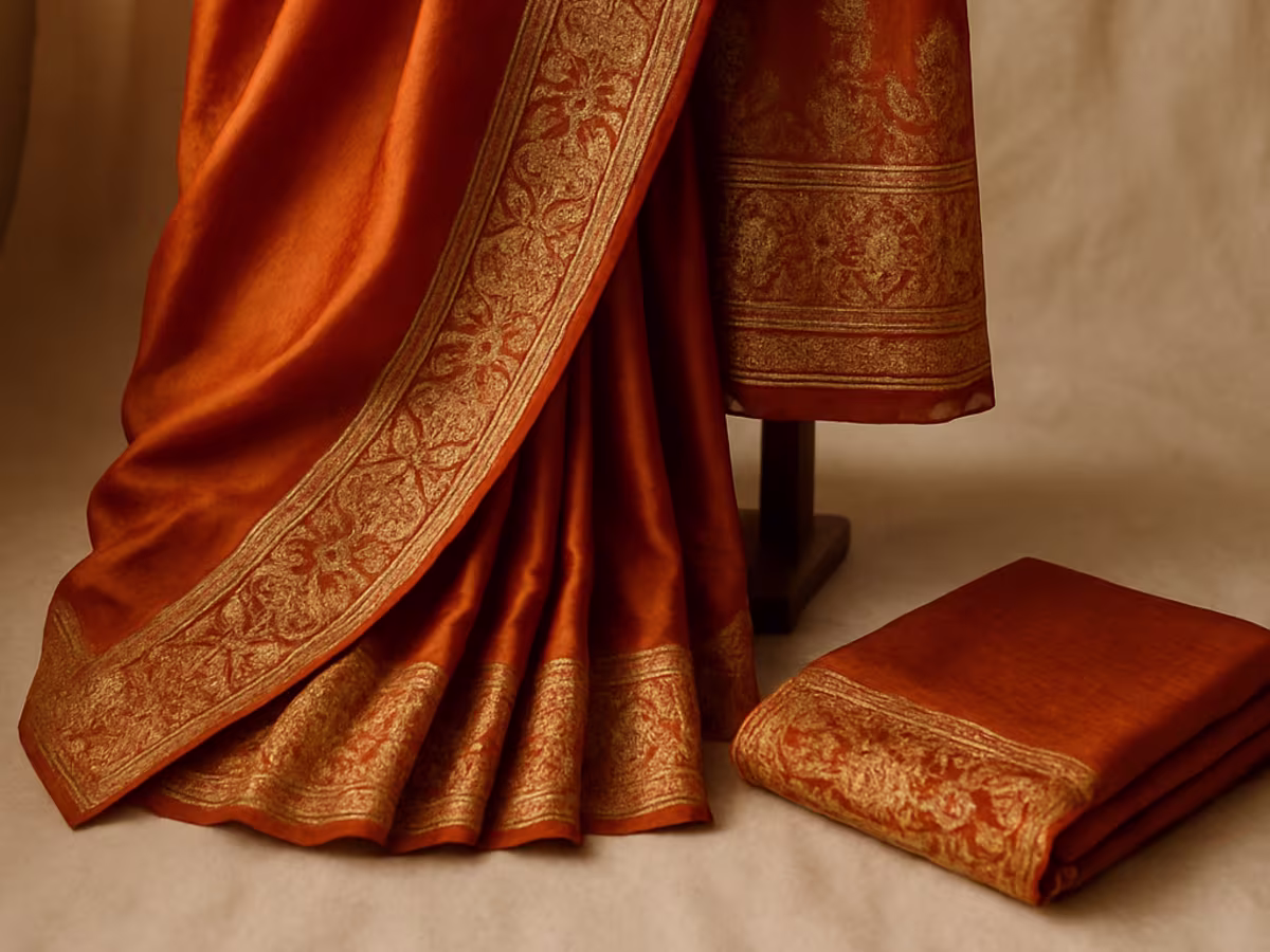 Burnt-orange silk saree with woven gold border