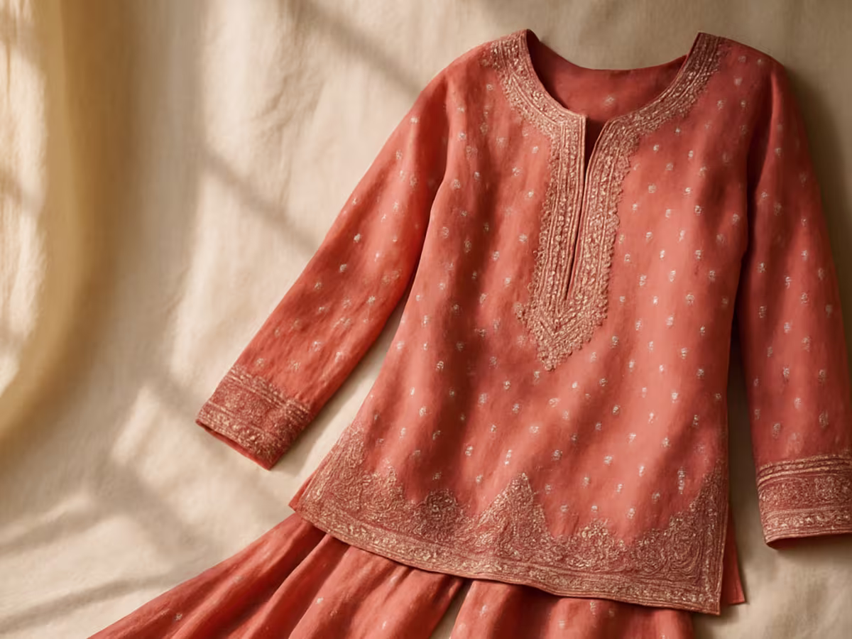 Coral sharara set with silver mukesh work