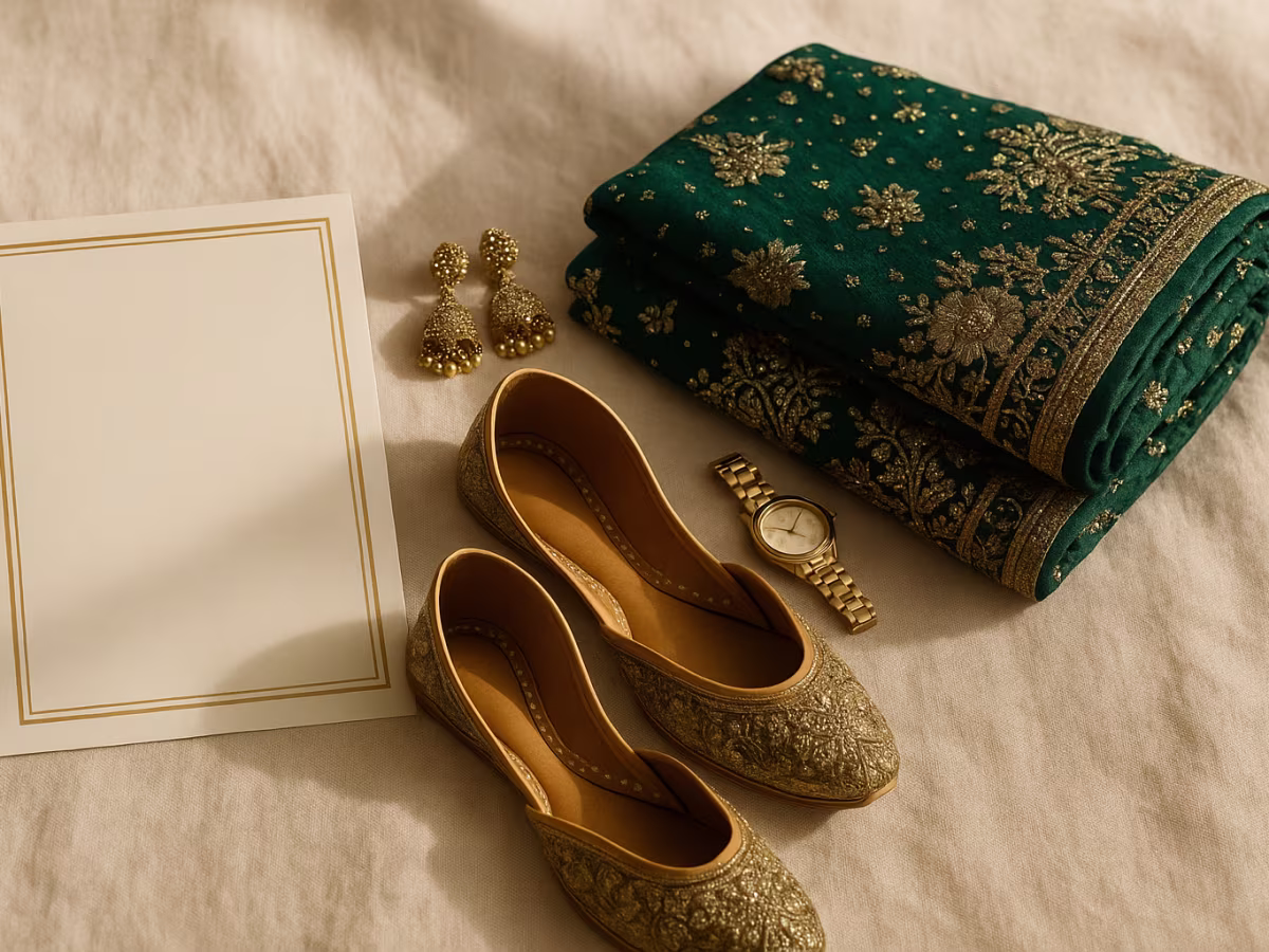 Wedding invitation beside a laid-out occasion outfit with khussas and jewellery
