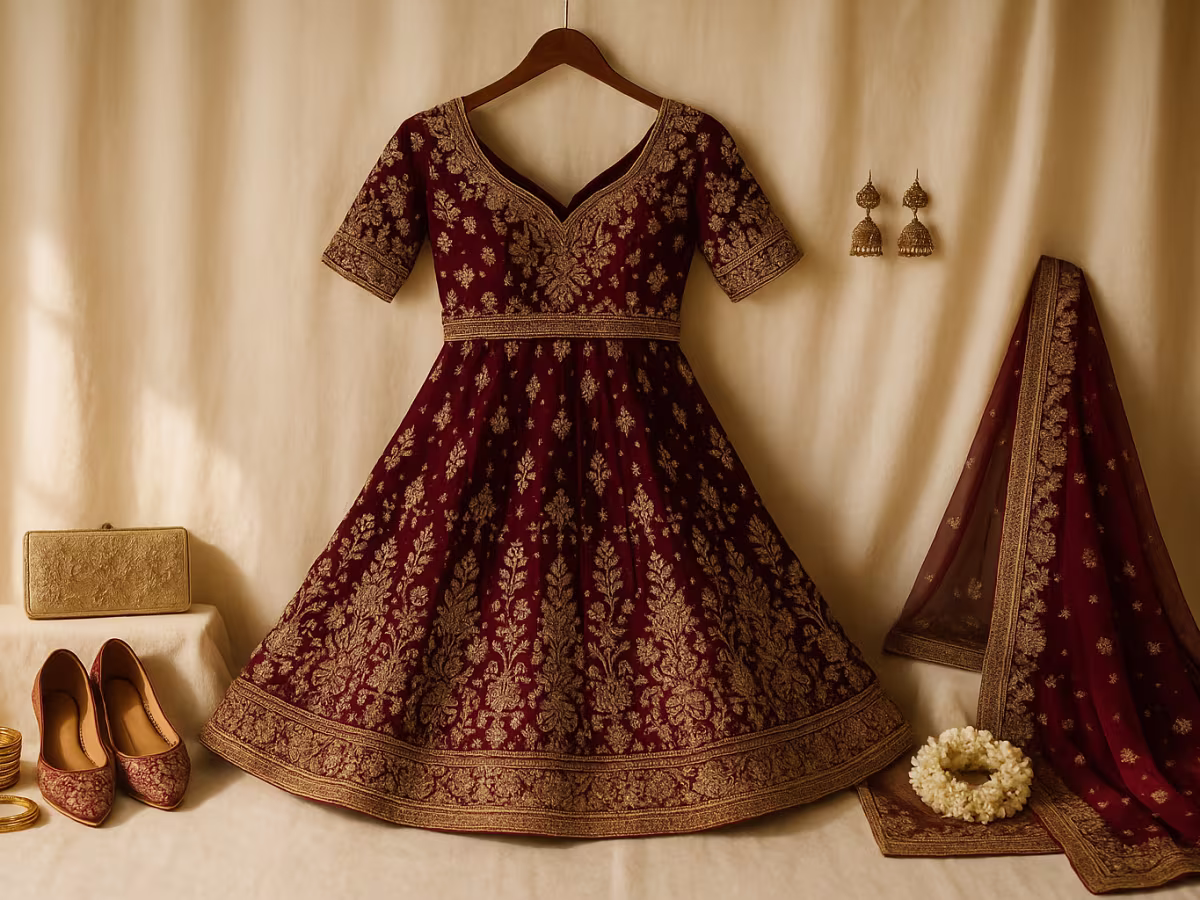 Bridal lehenga on a hanger with styling pieces fanned to each side