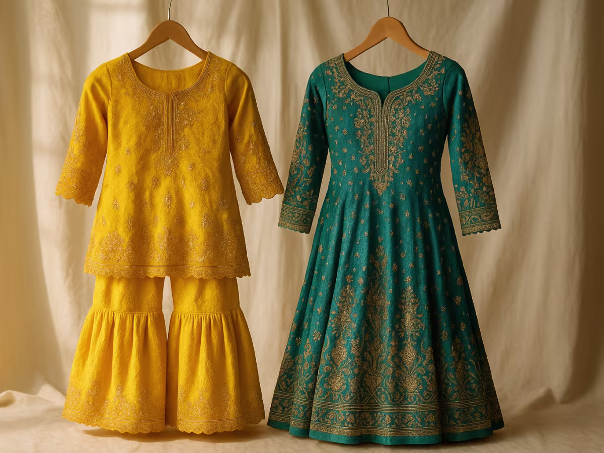 A mehndi gharara and a walima maxi on facing hangers, mid-exchange