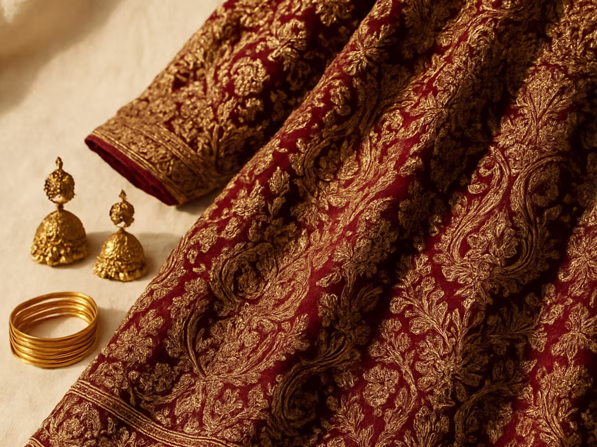 Deep maroon bridal lehenga with gold zardozi and jhumka earrings