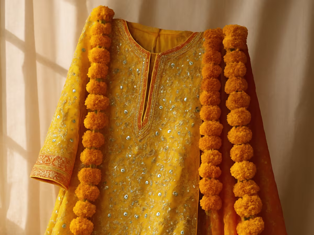 Yellow mehndi gharara draped with marigold garlands