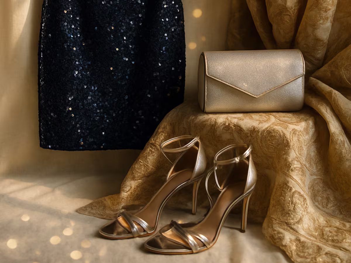 Sequined midnight-blue cocktail dress with heels and clutch