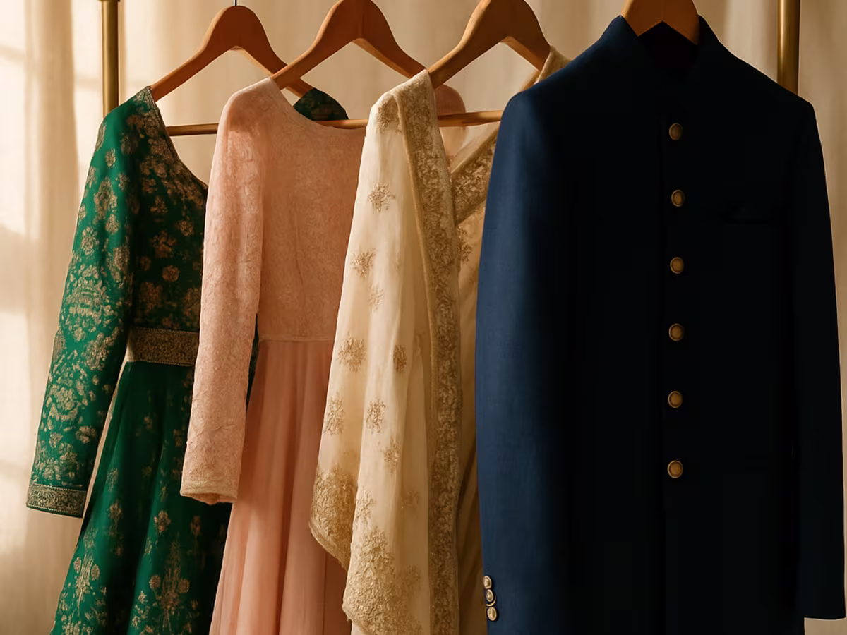Rack of wedding-guest outfits including a men's prince coat