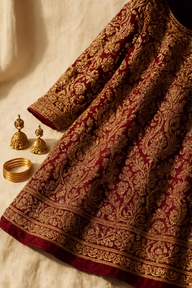 Deep maroon bridal lehenga with gold zardozi and jhumka earrings