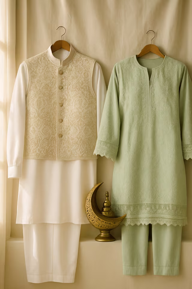Men's white shalwar kameez with waistcoat beside a pastel women's kurta