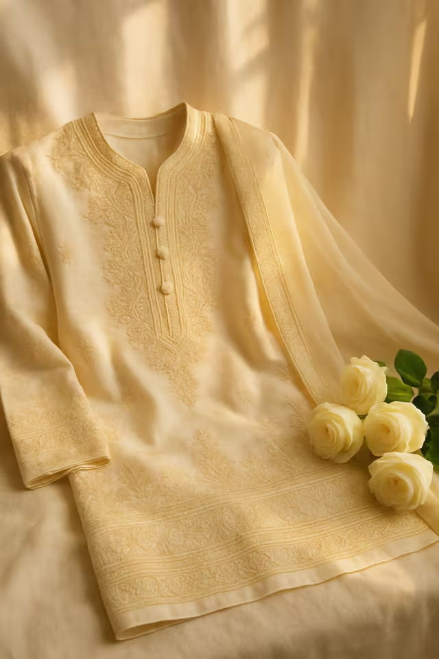 Ivory nikkah kurta set with sheer dupatta and white roses