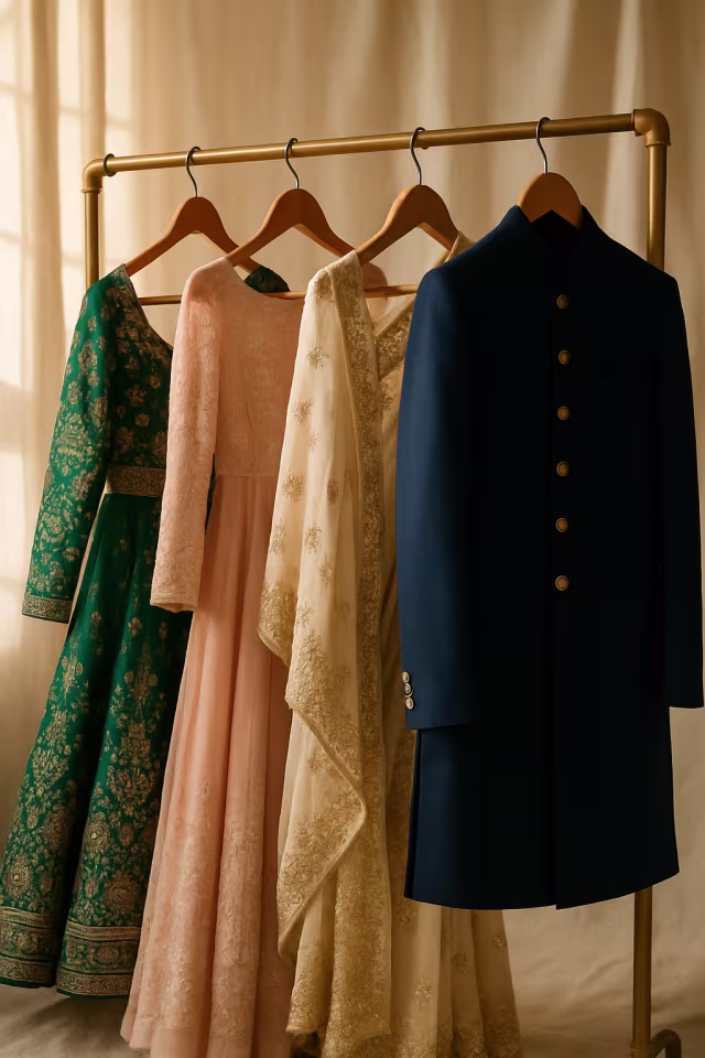 Rack of wedding-guest outfits including a men's prince coat