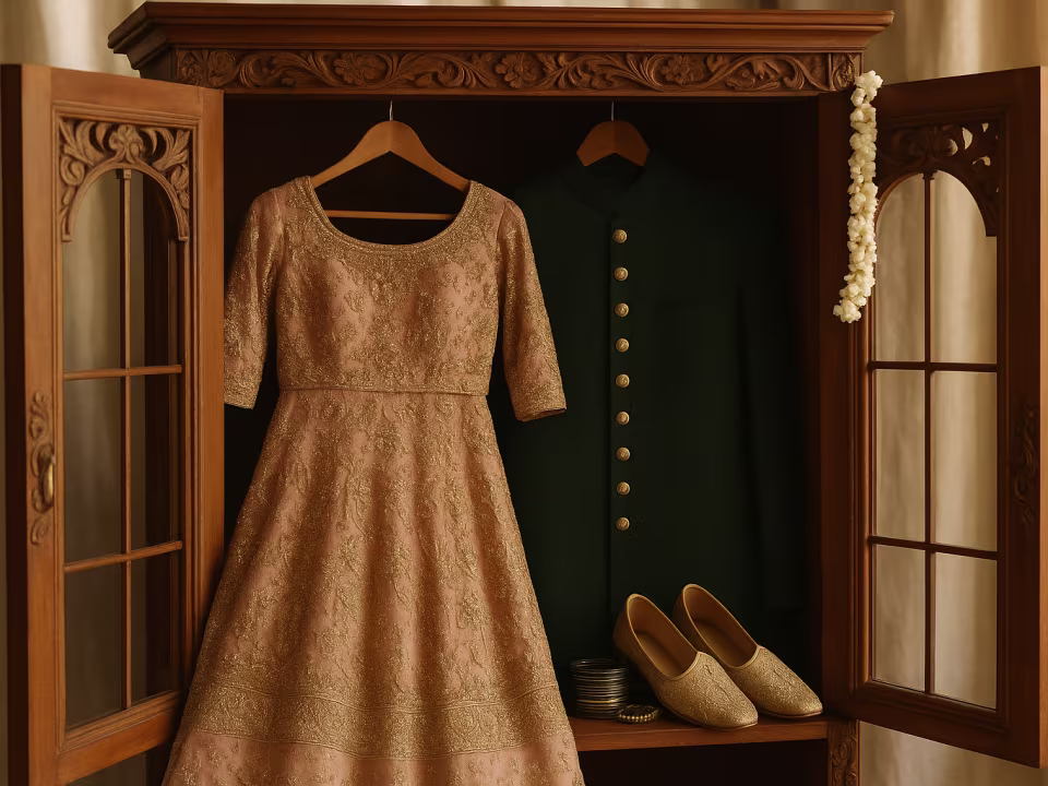 Open wooden wardrobe with a bridal lehenga and a men's green sherwani